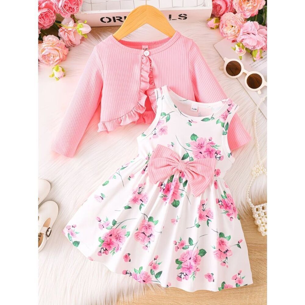 Petal Whimsy Girls’ 2pc Floral Print Dress & Ruffled Cardigan Spring & Summer